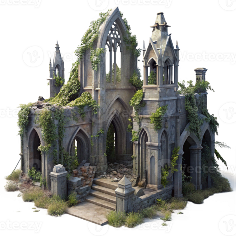 magnificent rustic Post-apocalyptic ruined cathedral, overgrown with vines, dusty, pale moonlight, digital painting, 4K png