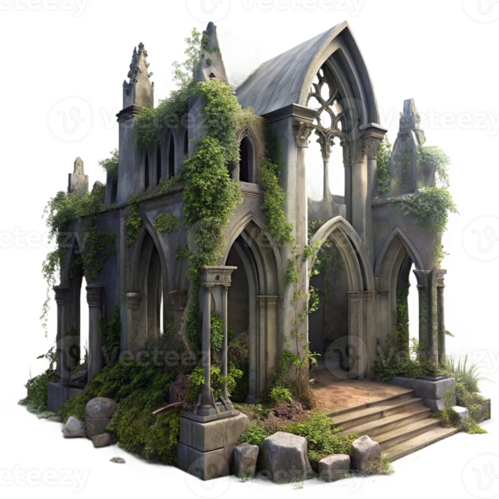 beautiful rustic Post-apocalyptic ruined cathedral, overgrown with vines, dusty, pale moonlight, digital painting, high resolution png