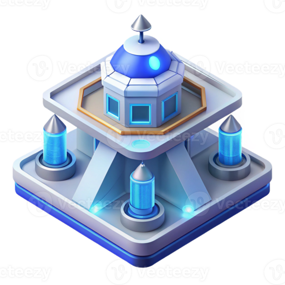 impressive rustic Isometric view of a futuristic space station, clean lines, glowing blue and white, digital art, 4K png