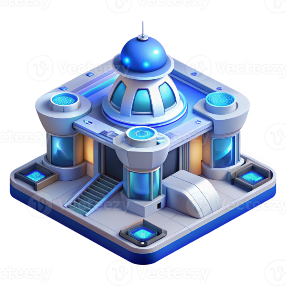 dramatic traditional Isometric view of a futuristic space station, clean lines, glowing blue and white, digital art, authentic png