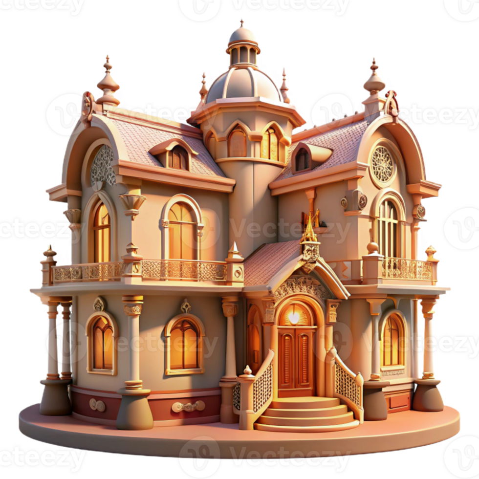 serene rustic Art Nouveau mansion, ornate floral details, warm interior lighting, romantic, authentic png