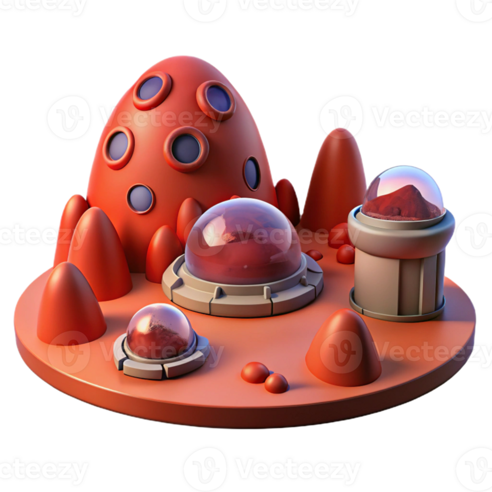 serene minimalist Martian colony, red rock formations, pressurized domes, harsh red sunlight, science fiction, high quality png