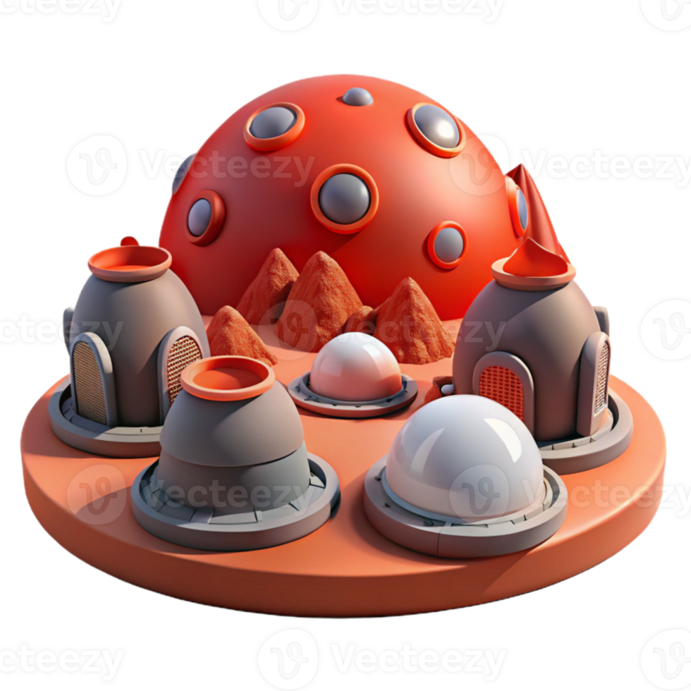 stunning artistic Martian colony, red rock formations, pressurized domes, harsh red sunlight, science fiction, authentic png
