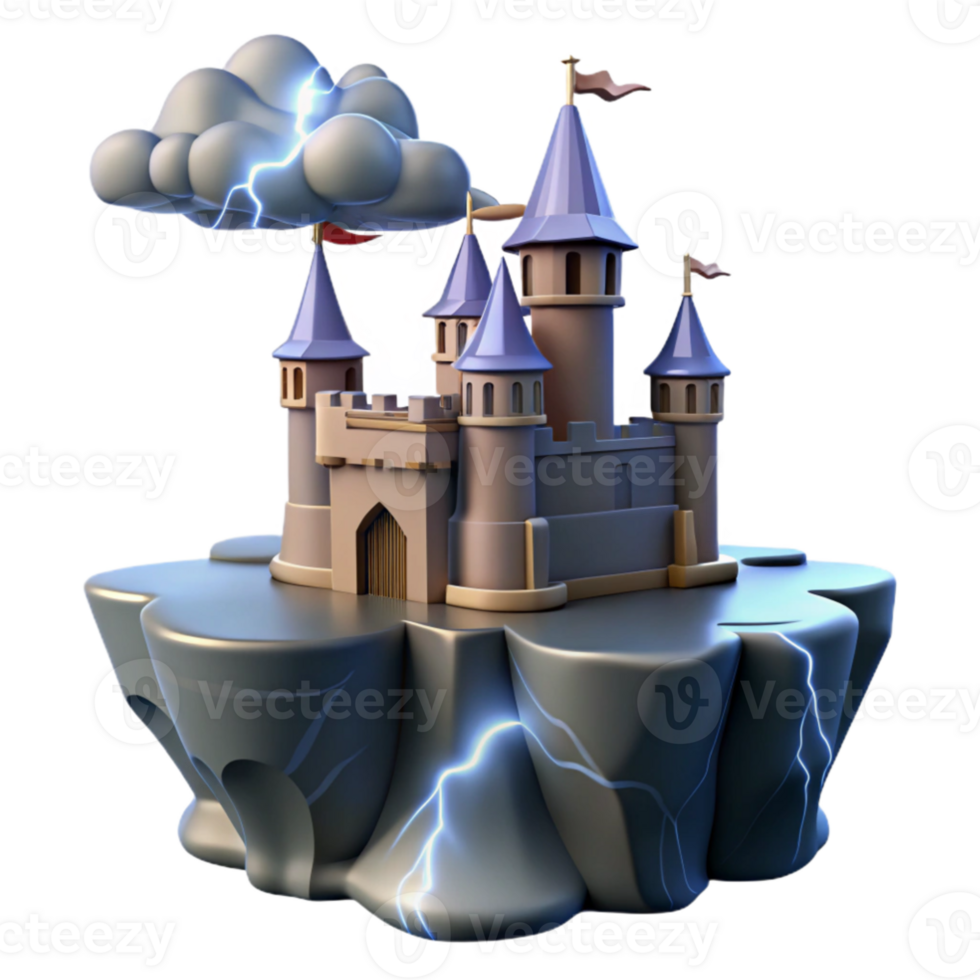vibrant vintage Medieval castle on a cliff edge, dramatic storm clouds, lightning strike, dramatic, high resolution png