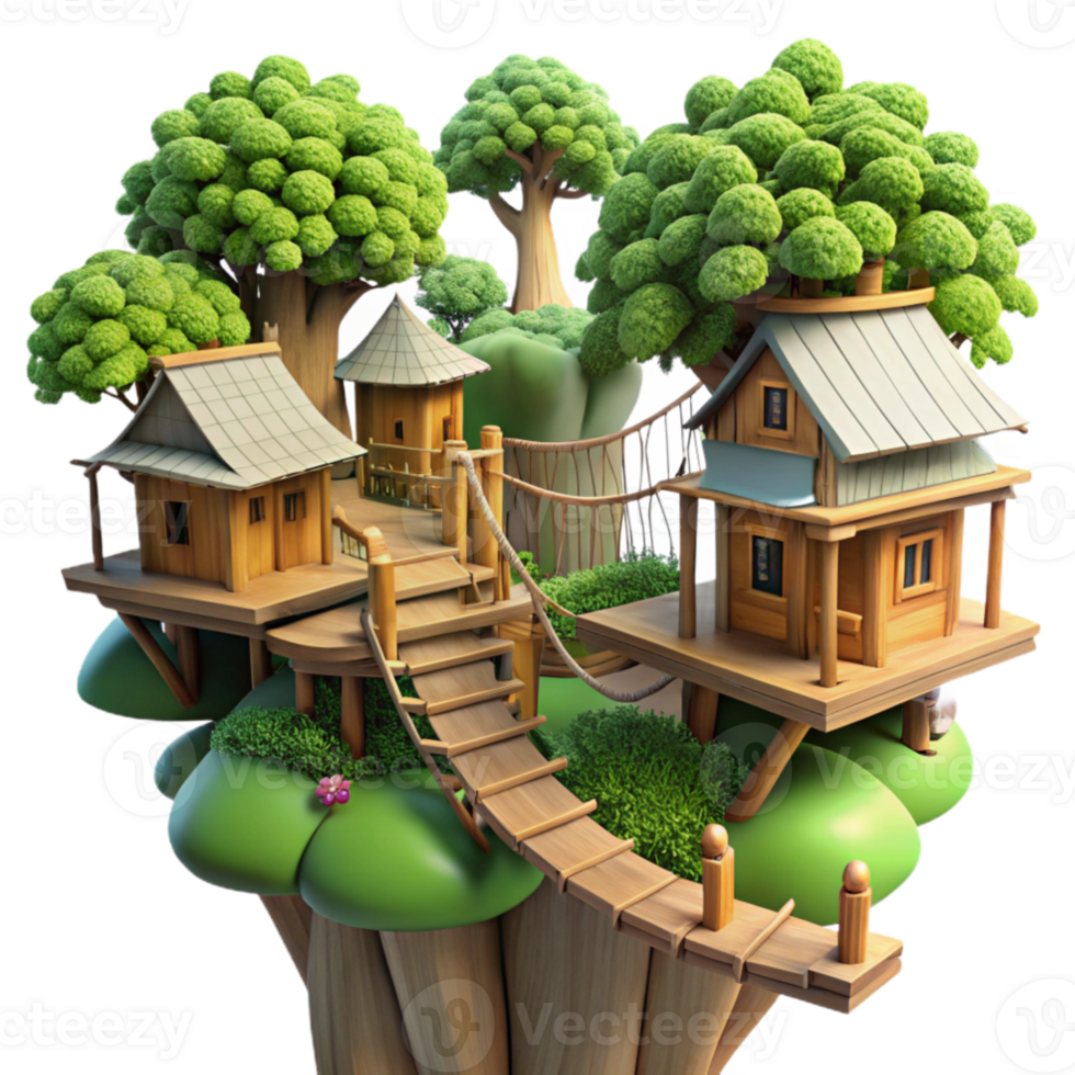 dramatic traditional Treehouse village interconnected by rope bridges, lush foliage, dappled sunlight, fantasy illustration, high resolution png