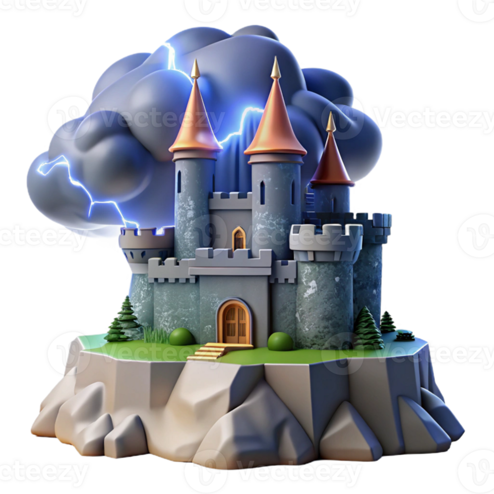 beautiful abstract Medieval castle on a cliff edge, dramatic storm clouds, lightning strike, dramatic, premium png
