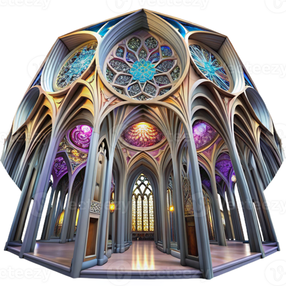 beautiful abstract Inside a fractal cathedral, infinite repeating patterns, stained glass, otherworldly lighting, psychedelic, authentic png