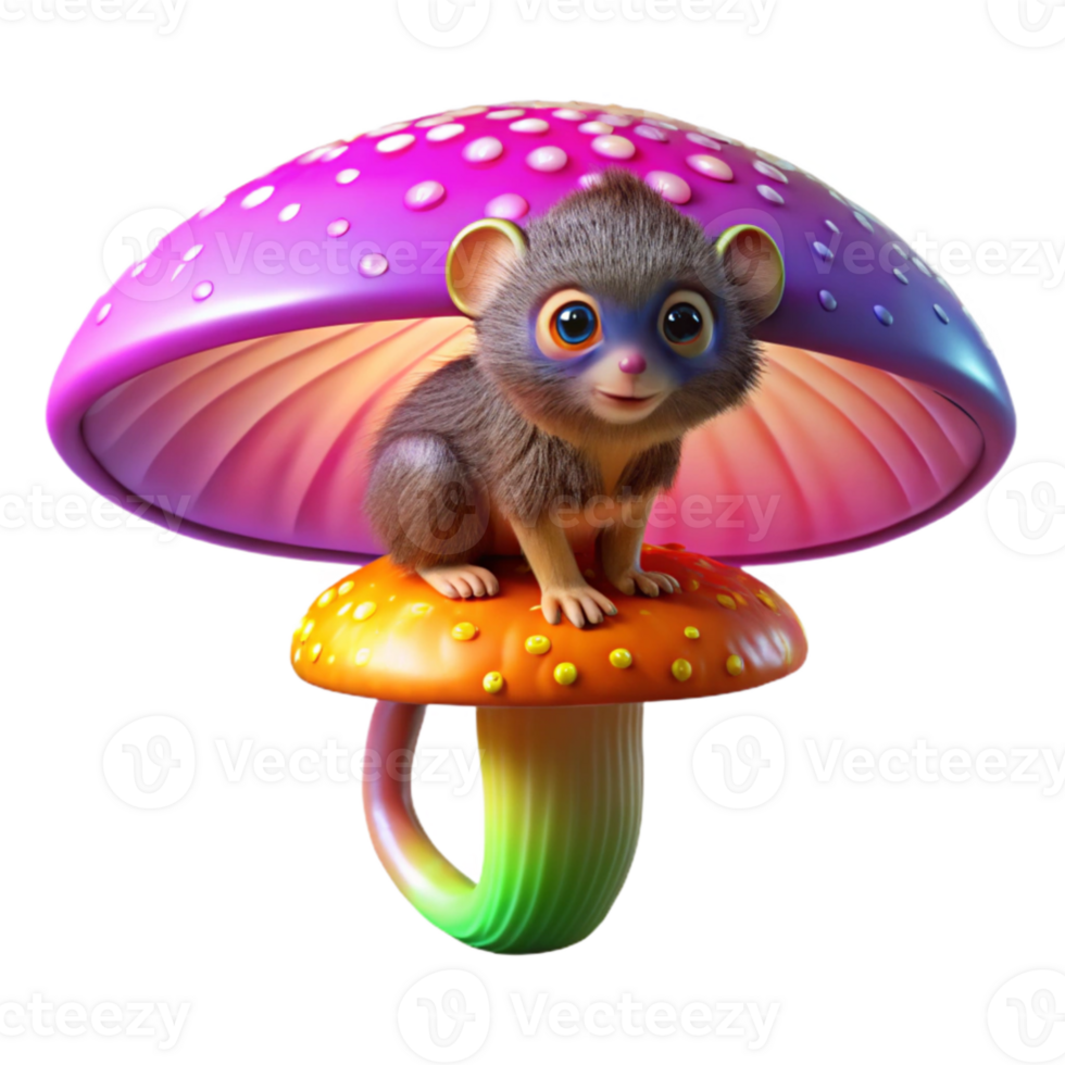dramatic rustic A tiny pygmy marmoset perched on a giant, iridescent mushroom, vibrant colours, bokeh lighting high quality png