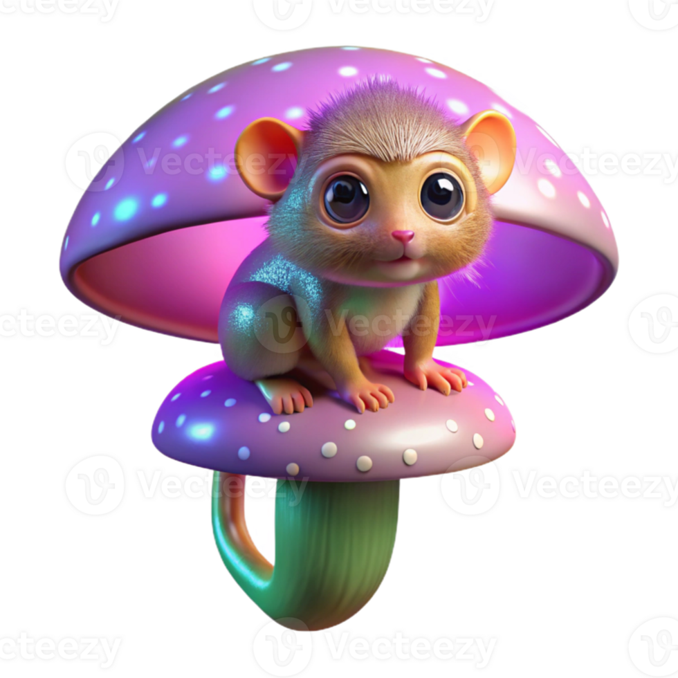 impressive minimalist A tiny pygmy marmoset perched on a giant, iridescent mushroom, vibrant colours, bokeh lighting authentic png