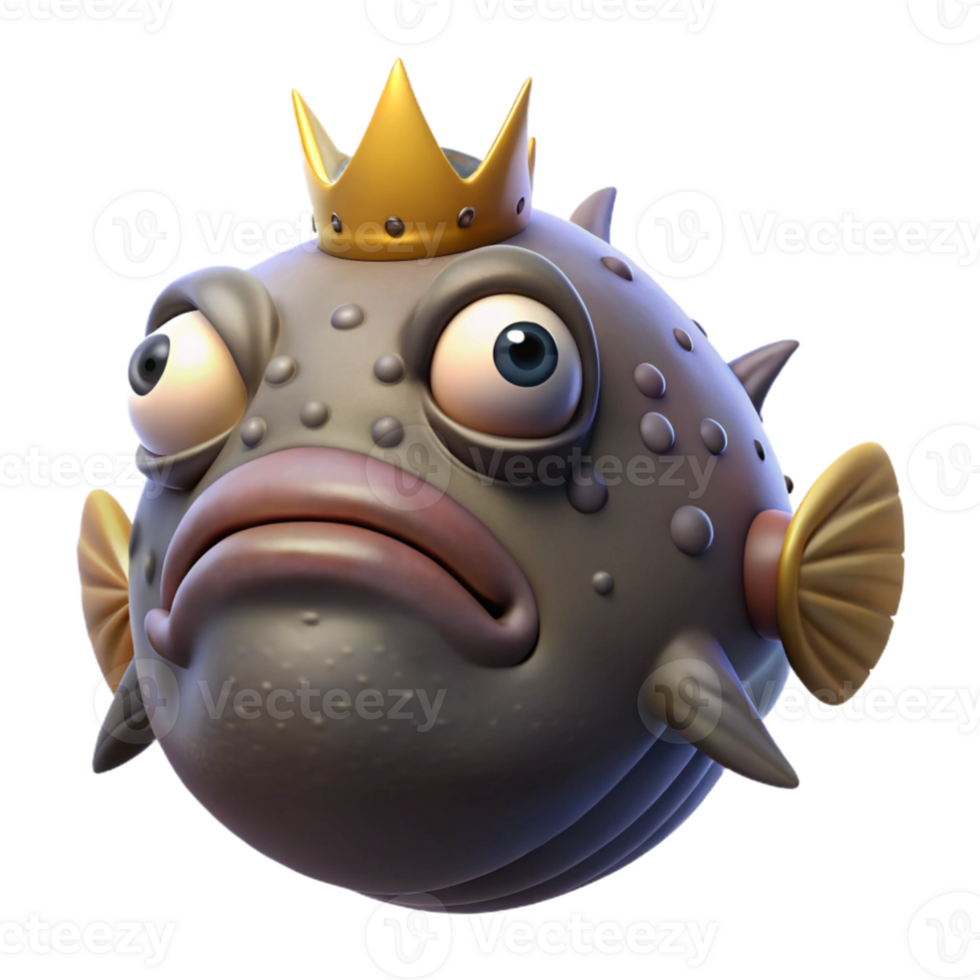 impressive abstract A grumpy-looking blobfish wearing a miniature crown, underwater scene, dark and moody lighting high resolution png