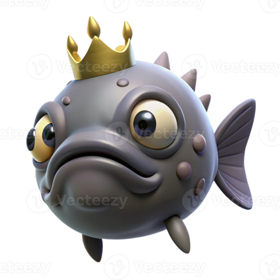 wonderful classic A grumpy-looking blobfish wearing a miniature crown, underwater scene, dark and moody lighting 4K png
