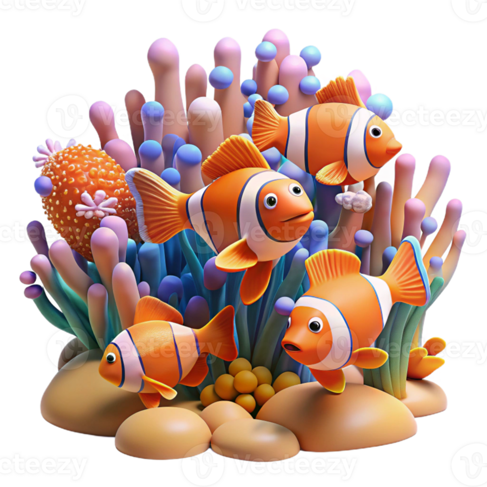 beautiful classic A school of clownfish swimming amongst vibrant coral, underwater scene, bright, tropical lighting genuine png