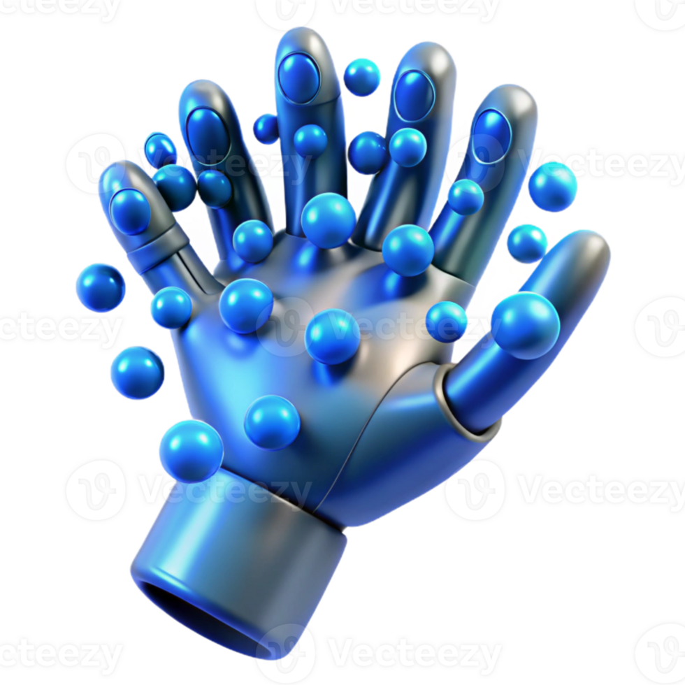 stunning contemporary A swarm of nanobots forming the shape of a human hand reaching out, illuminated by a cool, clinical blue light 4K png