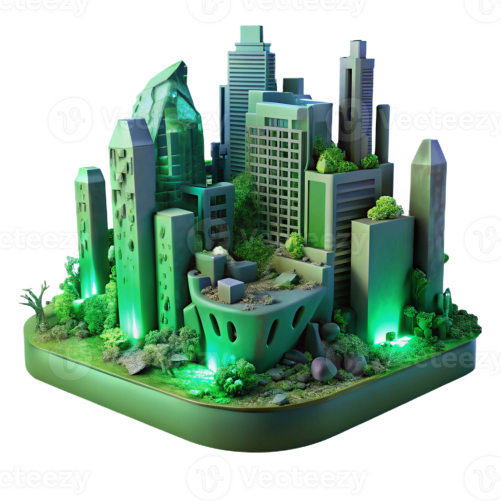 extraordinary abstract A desolate, futuristic cityscape, crumbling buildings overgrown with vibrant, bioluminescent vines, lit by an eerie green glow premium png