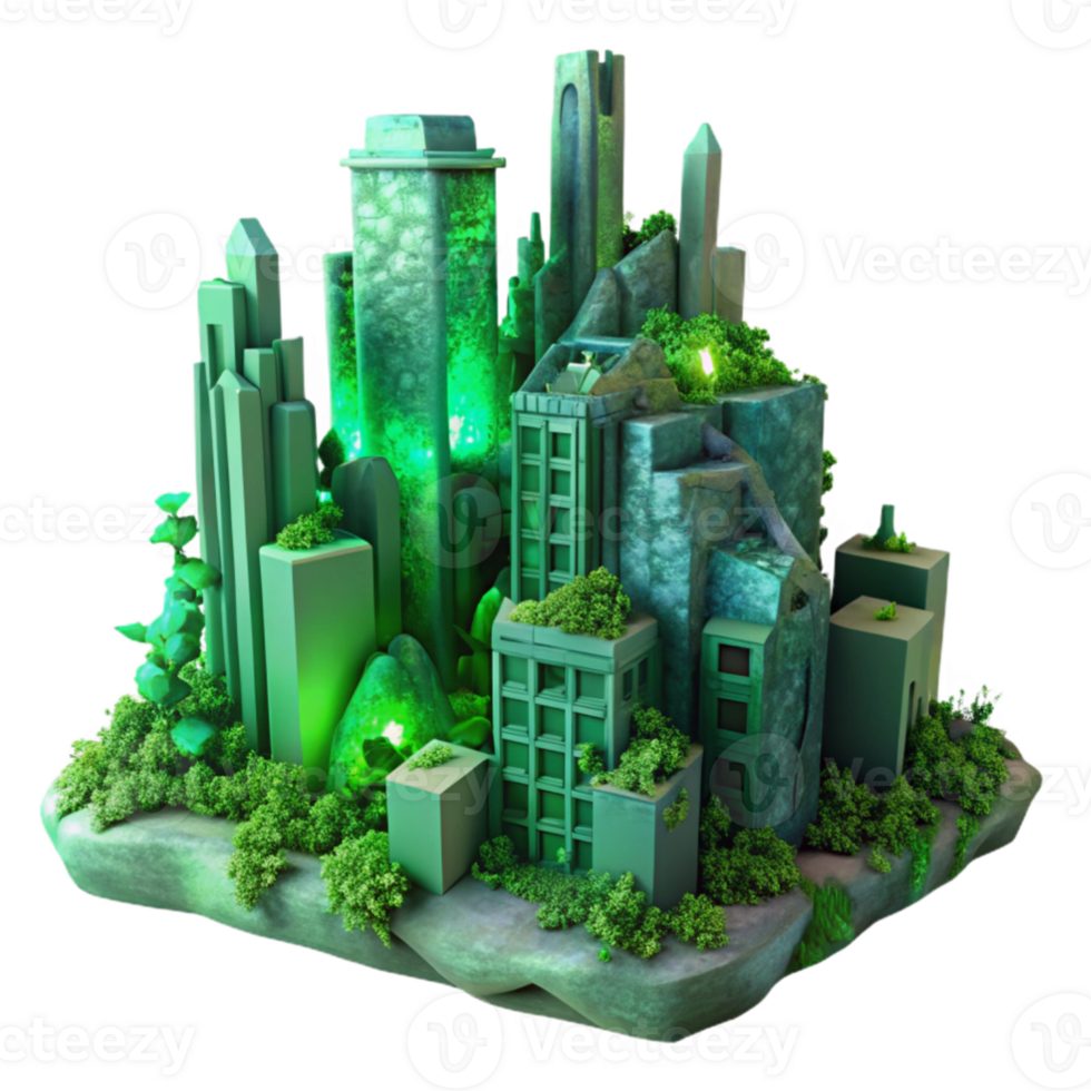 vibrant classic A desolate, futuristic cityscape, crumbling buildings overgrown with vibrant, bioluminescent vines, lit by an eerie green glow authentic png