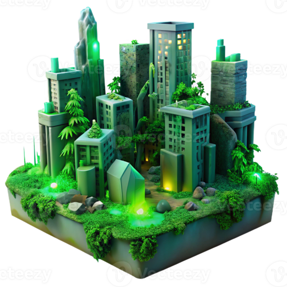 vibrant minimalist A desolate, futuristic cityscape, crumbling buildings overgrown with vibrant, bioluminescent vines, lit by an eerie green glow detailed png