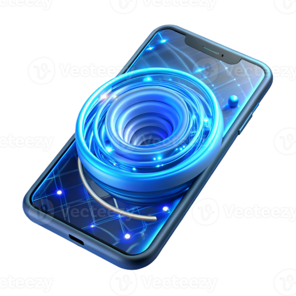 impressive minimalist A cracked smartphone screen displaying a swirling vortex of binary code, illuminated from within by a cool, electric blue light detailed png