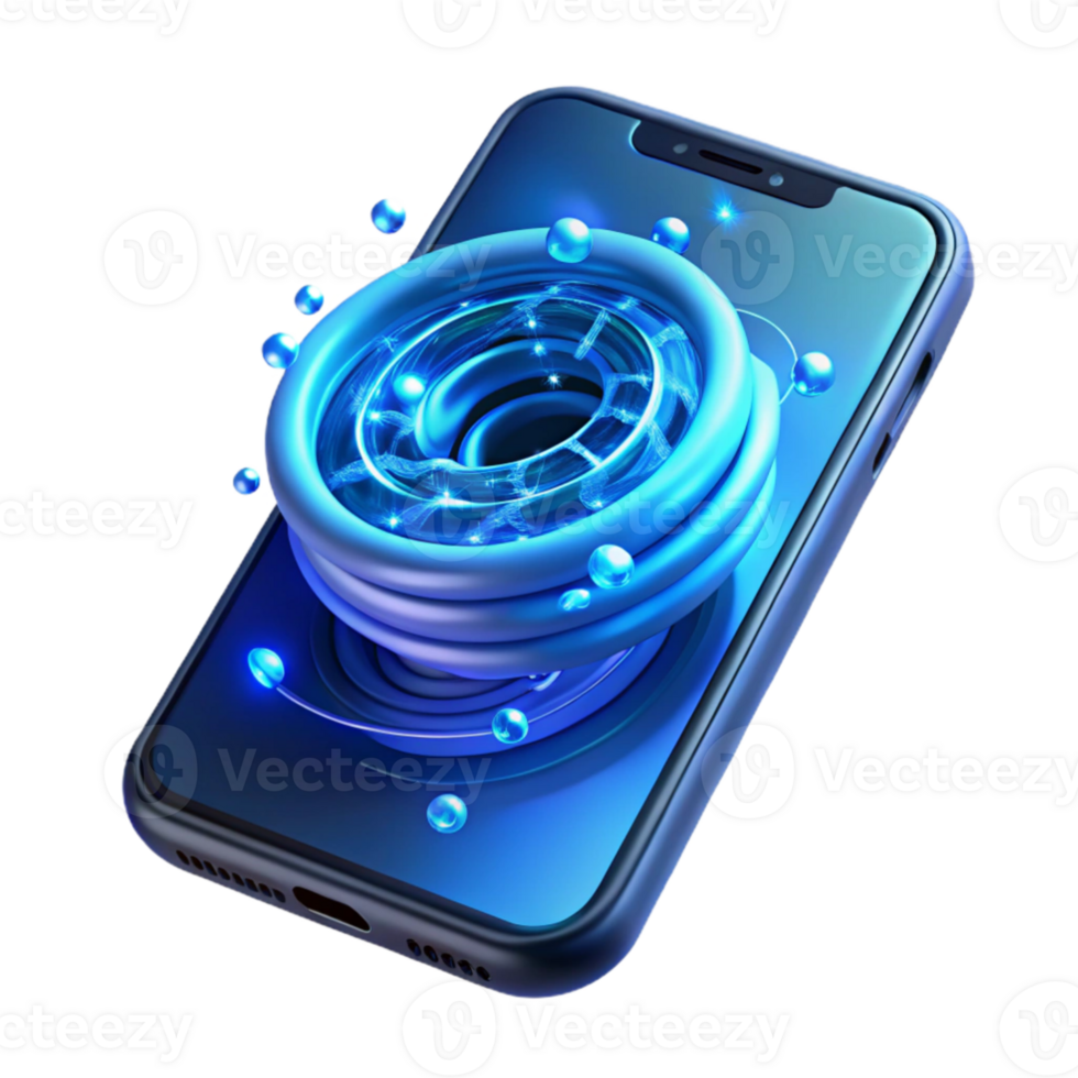 elegant creative A cracked smartphone screen displaying a swirling vortex of binary code, illuminated from within by a cool, electric blue light premium png