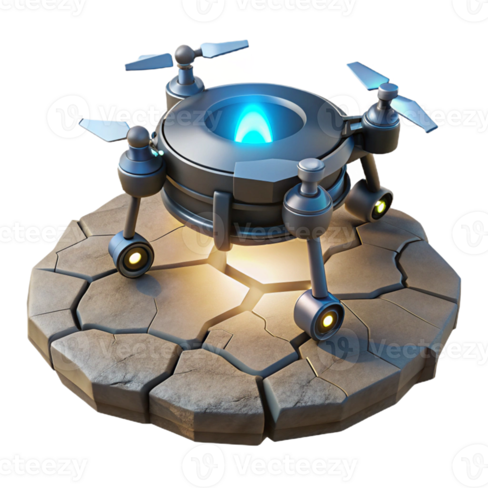 stunning minimalist A lone, futuristic drone hovering over a desolate, cracked earth, illuminated by a single, harsh spotlight professional png