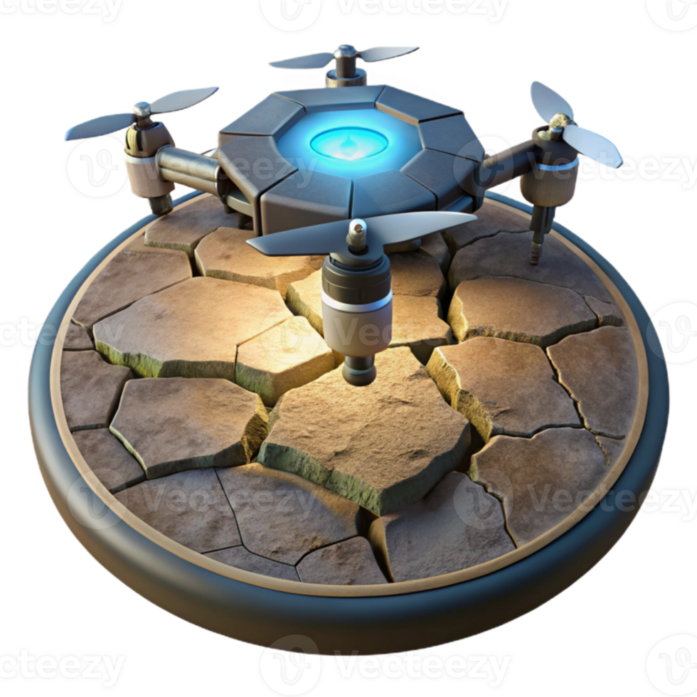 vibrant vintage A lone, futuristic drone hovering over a desolate, cracked earth, illuminated by a single, harsh spotlight original png