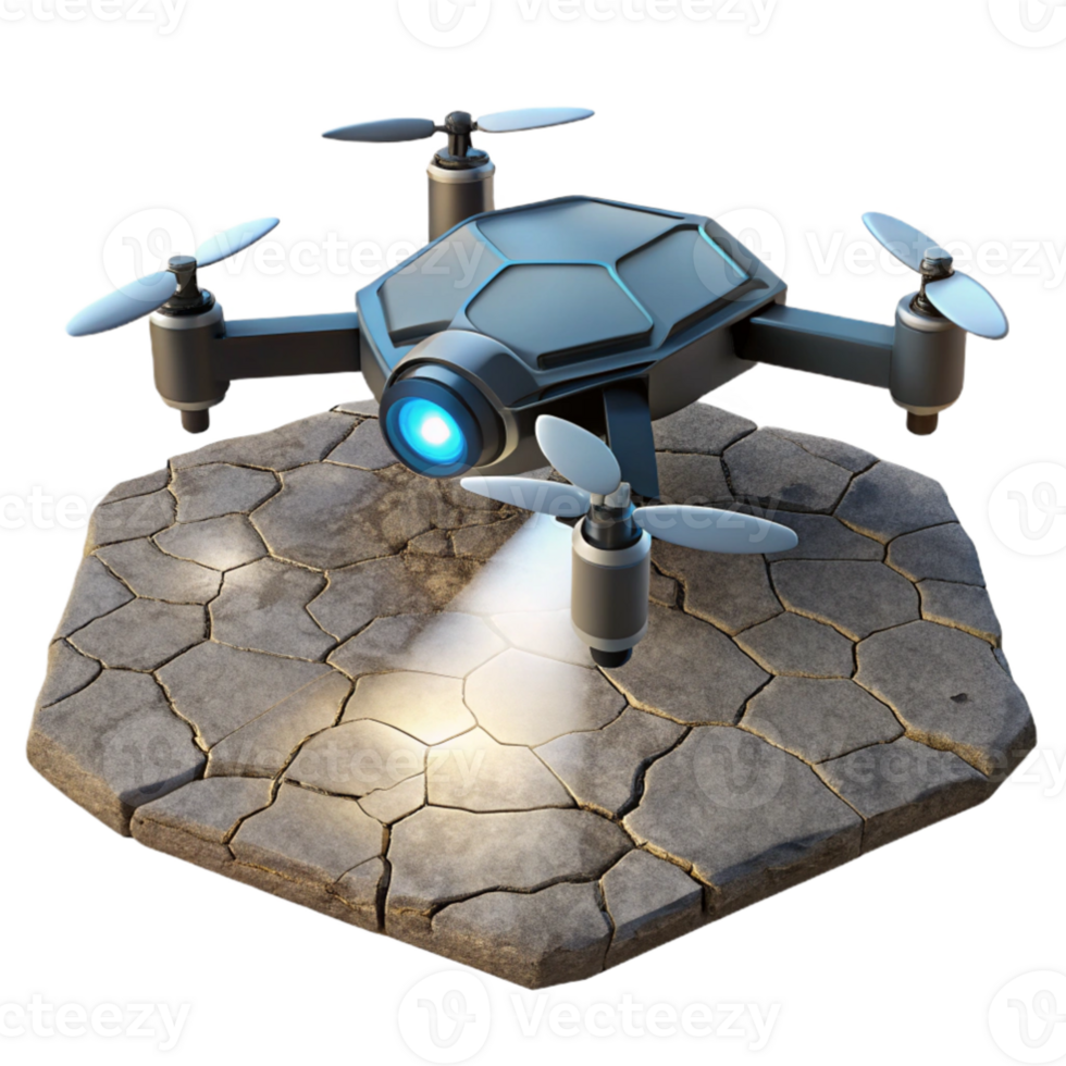 dramatic classic A lone, futuristic drone hovering over a desolate, cracked earth, illuminated by a single, harsh spotlight authentic png