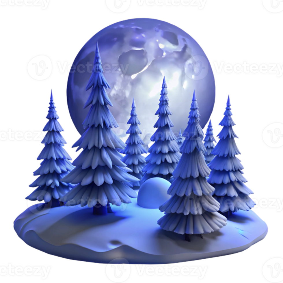 serene modern A snow-covered pine forest at dusk, a full moon illuminating the scene, cool blue tones, serene and peaceful, digital painting high quality png