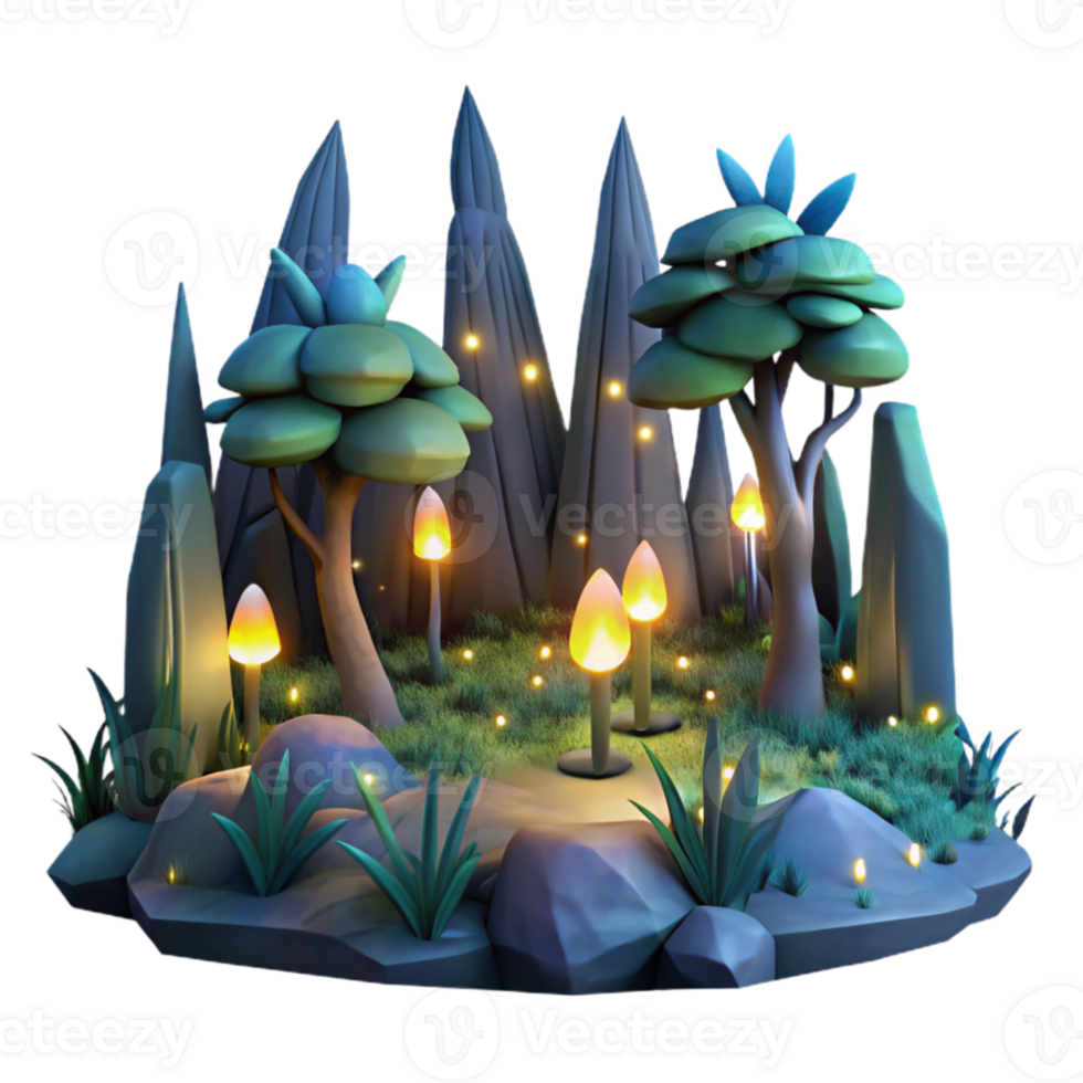 elegant creative A group of fireflies illuminating a dark forest at night, bioluminescent glow, magical and enchanting, fantasy art, high contrast original png