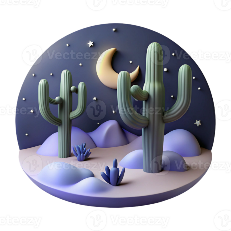 vibrant classic A desert landscape at night, a starry sky above, cacti silhouetted against the moonlight, surreal and dreamlike, digital art genuine png