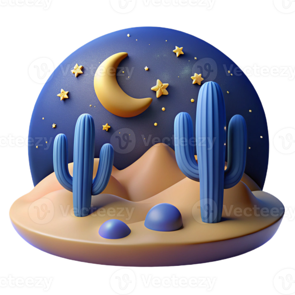 serene modern A desert landscape at night, a starry sky above, cacti silhouetted against the moonlight, surreal and dreamlike, digital art detailed png