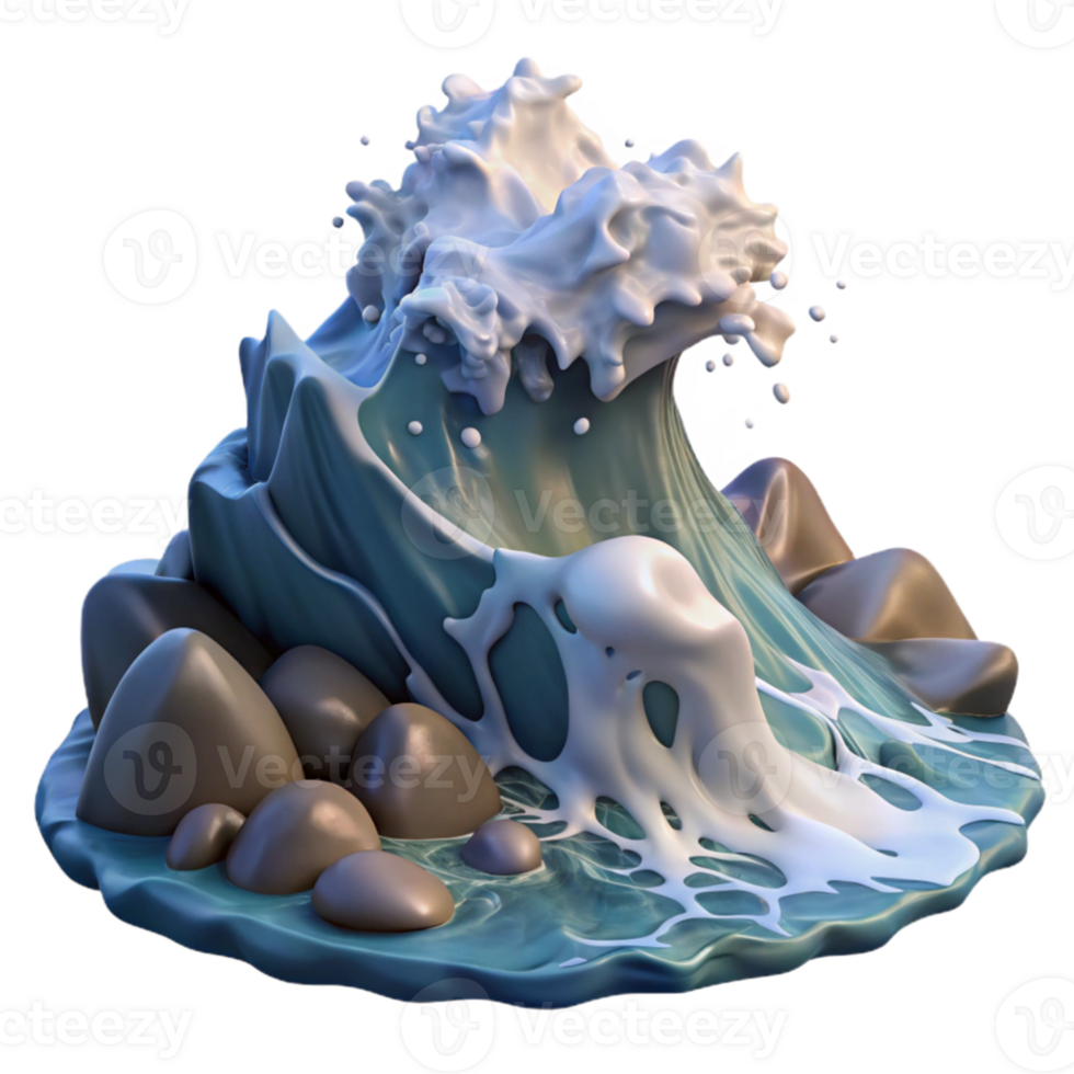 stunning artistic A wave crashing on a rocky shore, dramatic splash, dynamic movement, realistic rendering, ocean spray, natural lighting premium png