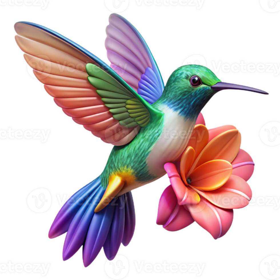 wonderful creative A hummingbird hovering in front of a flower, vibrant colors, motion blur, detailed feathers, natural lighting, macro photography high quality png