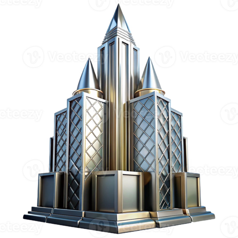 vibrant classic Art Deco skyscraper, chrome and glass, intricate geometric patterns, sunlight reflecting, sharp shadows, highly polished surfaces, high resolution png