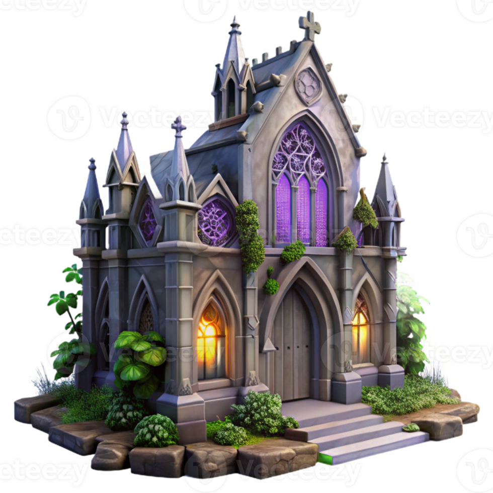 dramatic contemporary Gothic cathedral, crumbling stone, stained glass windows casting colorful light, overgrown with ivy, eerie fog, cinematic lighting, detailed png