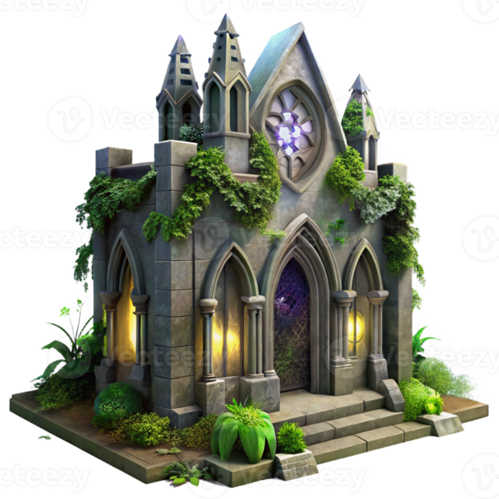 stunning vintage Gothic cathedral, crumbling stone, stained glass windows casting colorful light, overgrown with ivy, eerie fog, cinematic lighting, original png