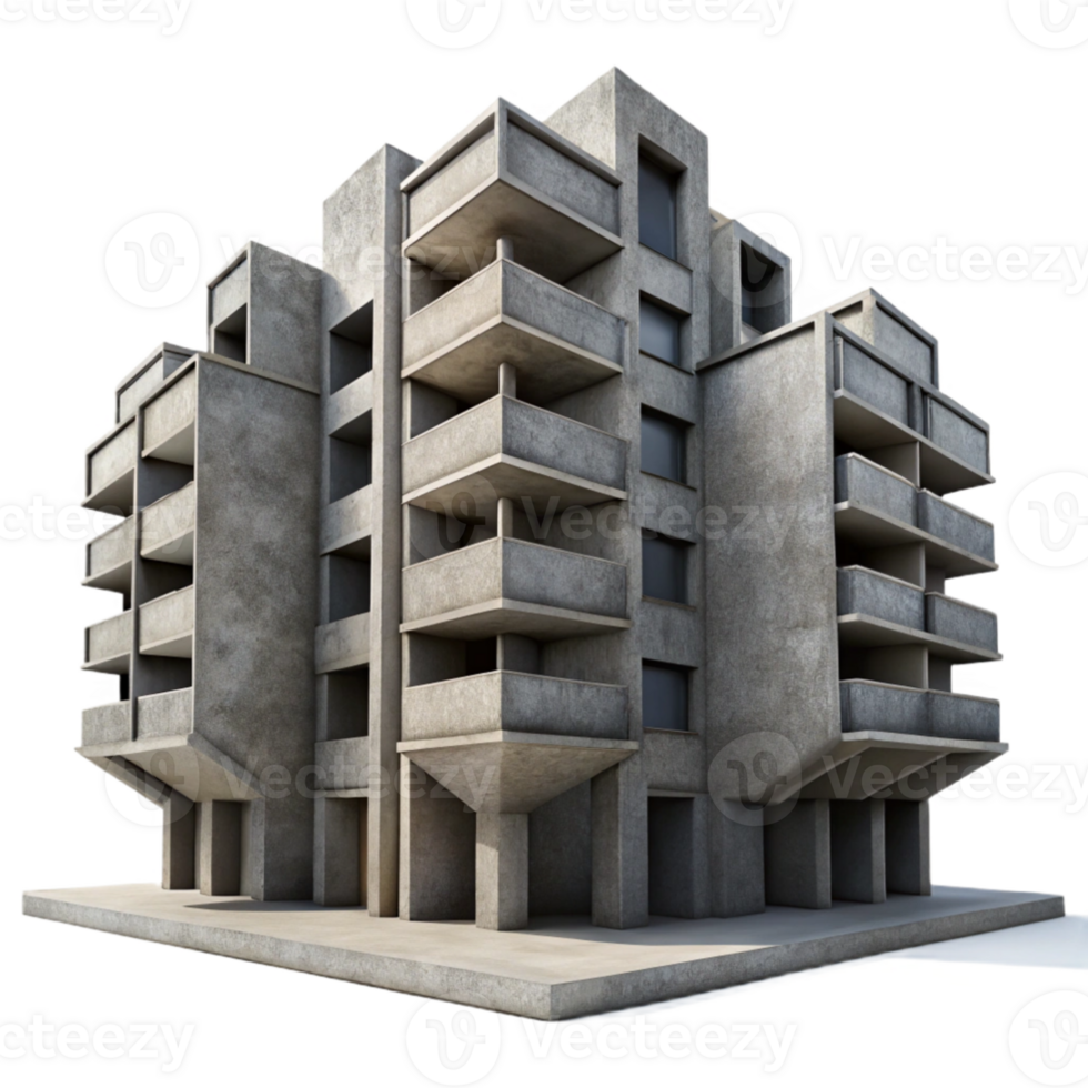 elegant rustic A Brutalist concrete apartment complex, repetitive geometric forms, stark shadows, overcast sky, gritty urban feel, exclusive png