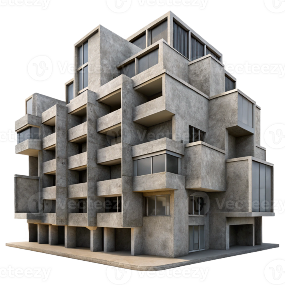 elegant traditional A Brutalist concrete apartment complex, repetitive geometric forms, stark shadows, overcast sky, gritty urban feel, detailed png