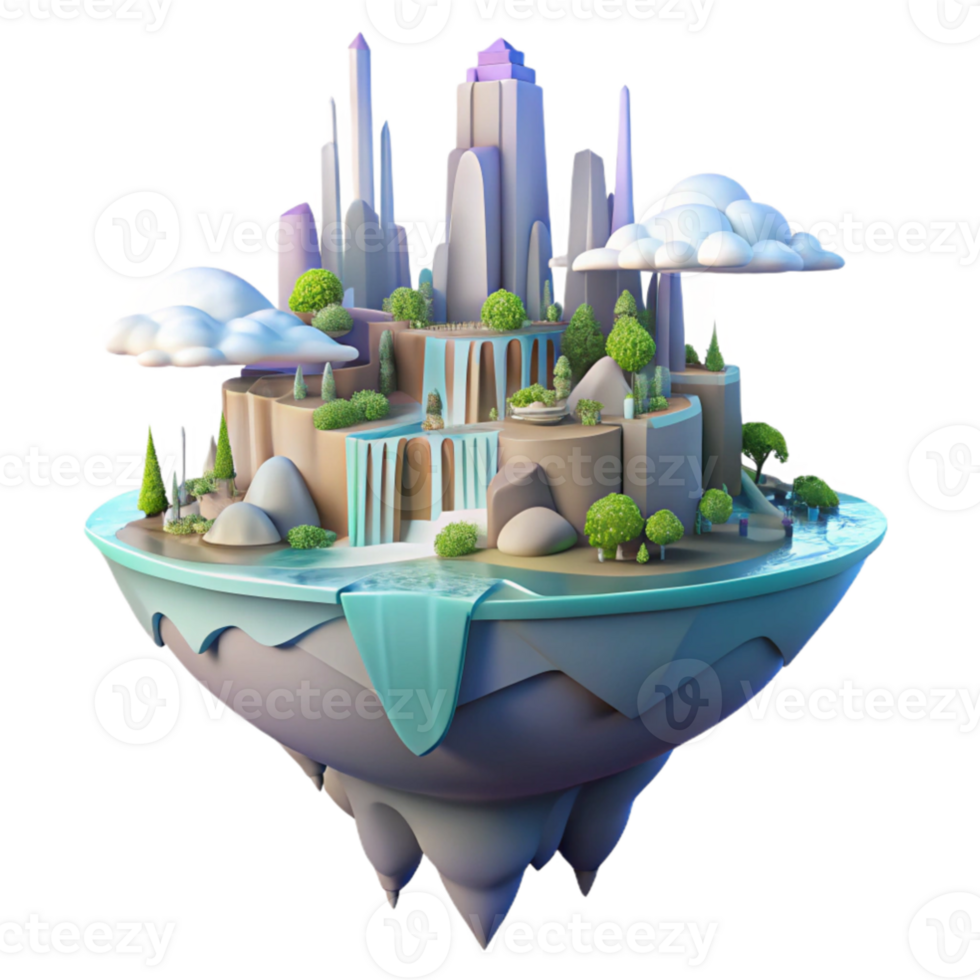 dramatic abstract A floating island city, waterfalls cascading down, lush vegetation, crystalline architecture, soft pastel colors, dreamlike lighting, premium png