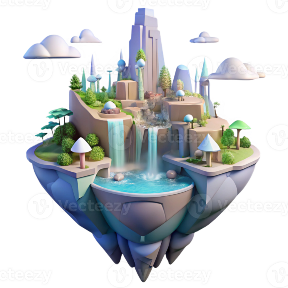 wonderful abstract A floating island city, waterfalls cascading down, lush vegetation, crystalline architecture, soft pastel colors, dreamlike lighting, genuine png