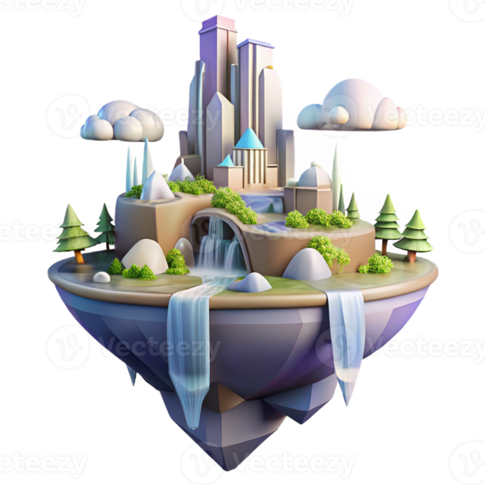 elegant abstract A floating island city, waterfalls cascading down, lush vegetation, crystalline architecture, soft pastel colors, dreamlike lighting, exclusive png