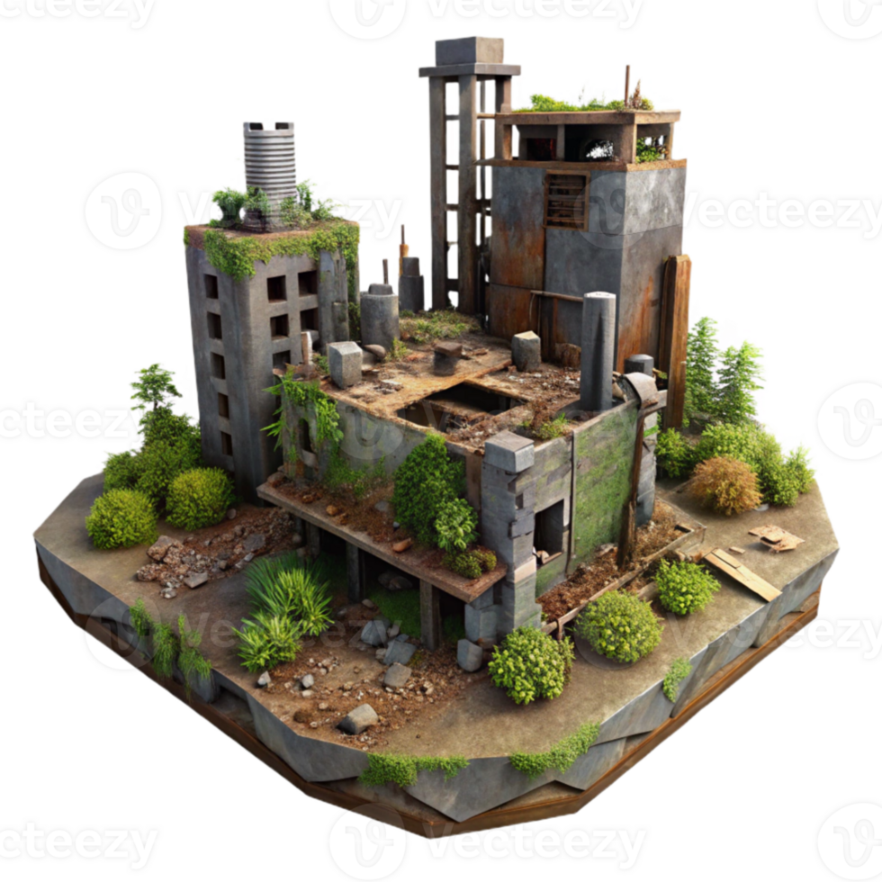 stunning abstract A post-apocalyptic city, ruined buildings, overgrown with vegetation, rusty metal, dim lighting, desolate atmosphere, 4K png