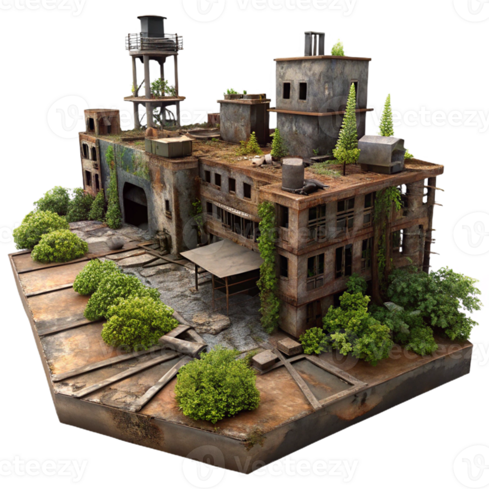 magnificent traditional A post-apocalyptic city, ruined buildings, overgrown with vegetation, rusty metal, dim lighting, desolate atmosphere, professional png
