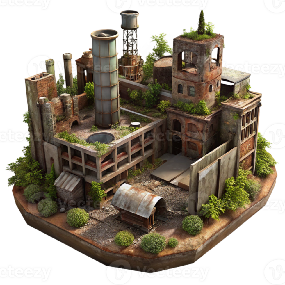 impressive vintage A post-apocalyptic city, ruined buildings, overgrown with vegetation, rusty metal, dim lighting, desolate atmosphere, high quality png