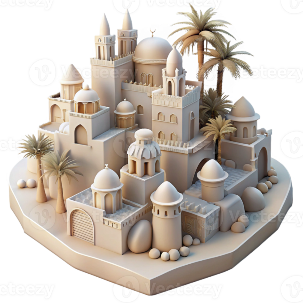 wonderful rustic A desert oasis city, whitewashed buildings, intricate carvings, palm trees, bright sunlight, Middle Eastern inspired, authentic png