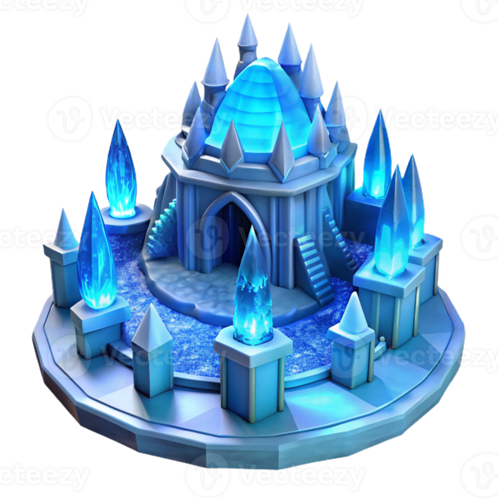 wonderful contemporary An ice palace, intricate ice sculptures, glowing blue light, freezing cold environment, fantasy setting, original png