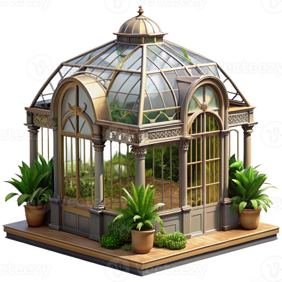 impressive creative A Victorian greenhouse, glass and iron construction, filled with exotic plants, dappled sunlight, vintage style, 4K png