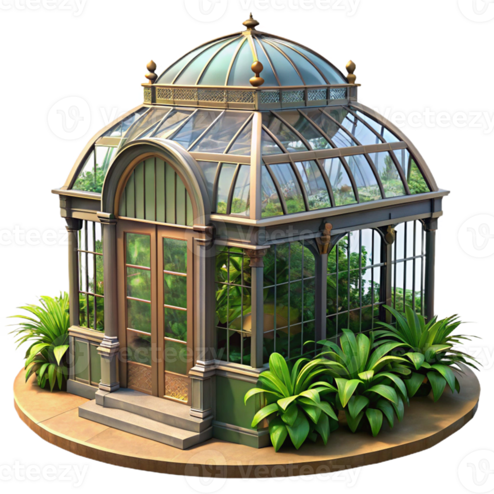 elegant modern A Victorian greenhouse, glass and iron construction, filled with exotic plants, dappled sunlight, vintage style, original png
