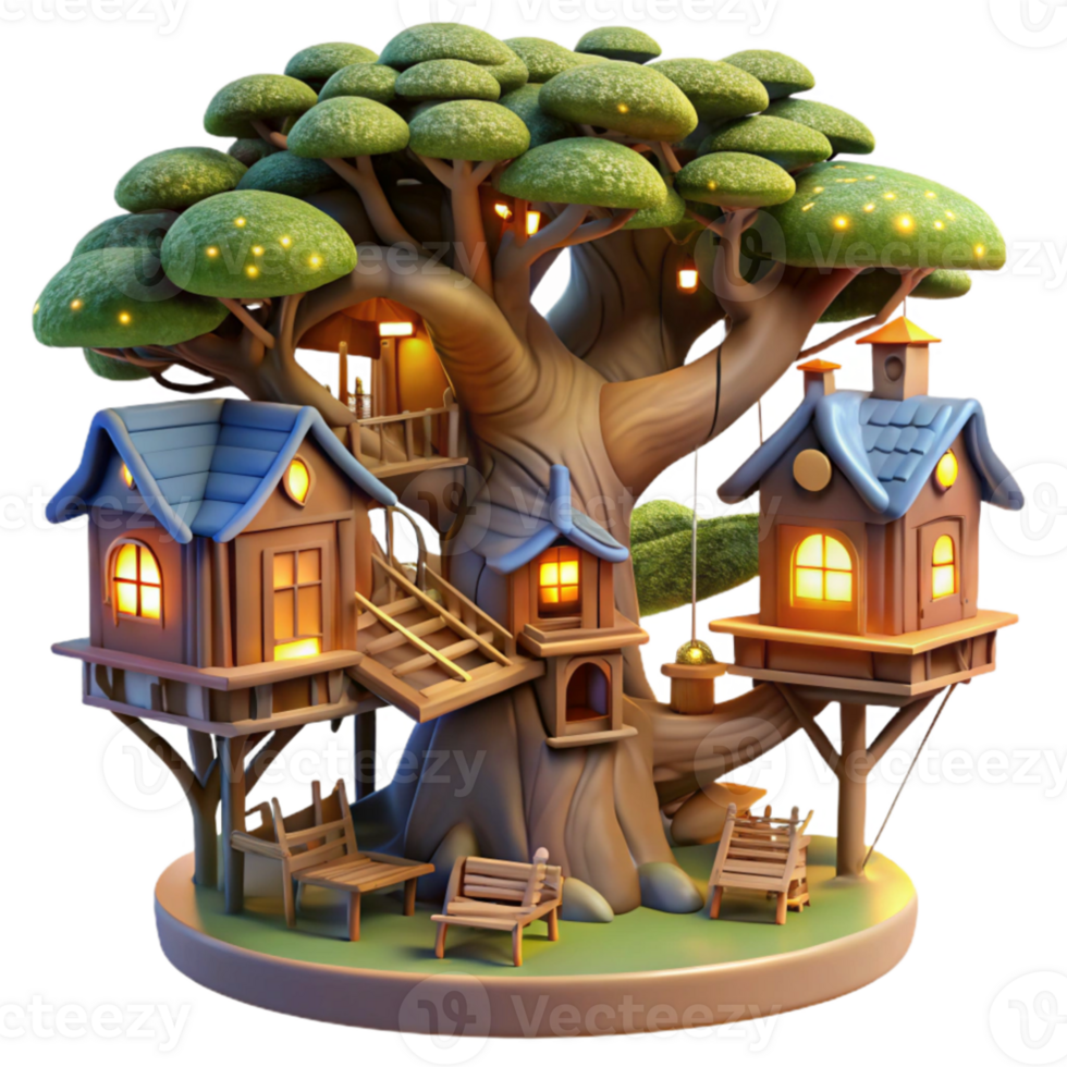 beautiful traditional A treehouse village, interconnected wooden structures, nestled in a giant tree, warm evening light, whimsical atmosphere, genuine png