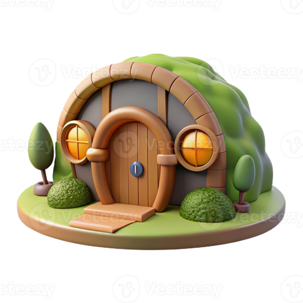 impressive creative A hobbit hole, nestled into a hillside, round wooden door, cozy interior lighting, whimsical fantasy style, 4K png