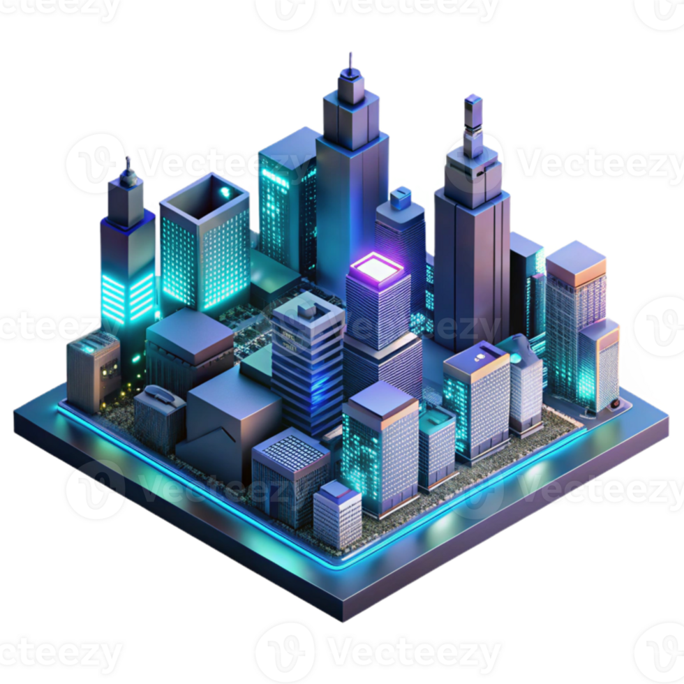 vibrant creative A microscale city built on a circuit board, glowing LEDs, intricate wiring, cyberpunk aesthetic, dark background with neon accents, 4K png