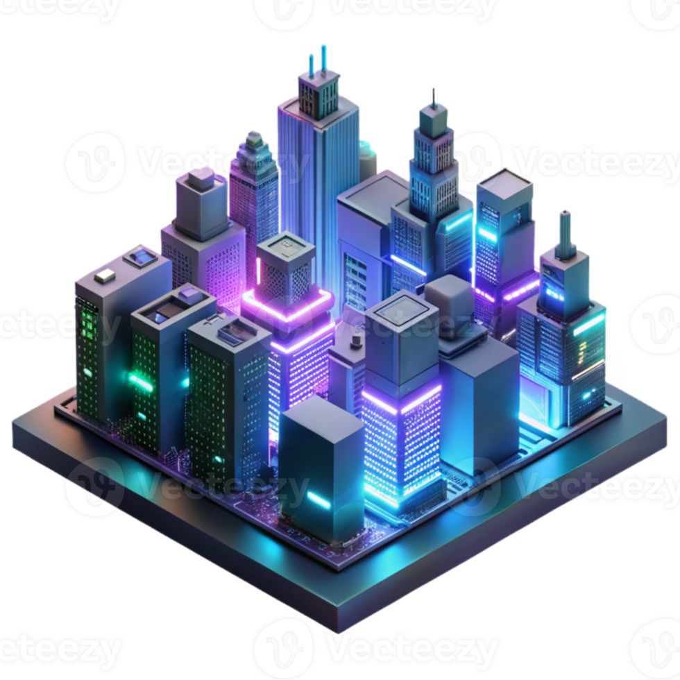 vibrant modern A microscale city built on a circuit board, glowing LEDs, intricate wiring, cyberpunk aesthetic, dark background with neon accents, exclusive png